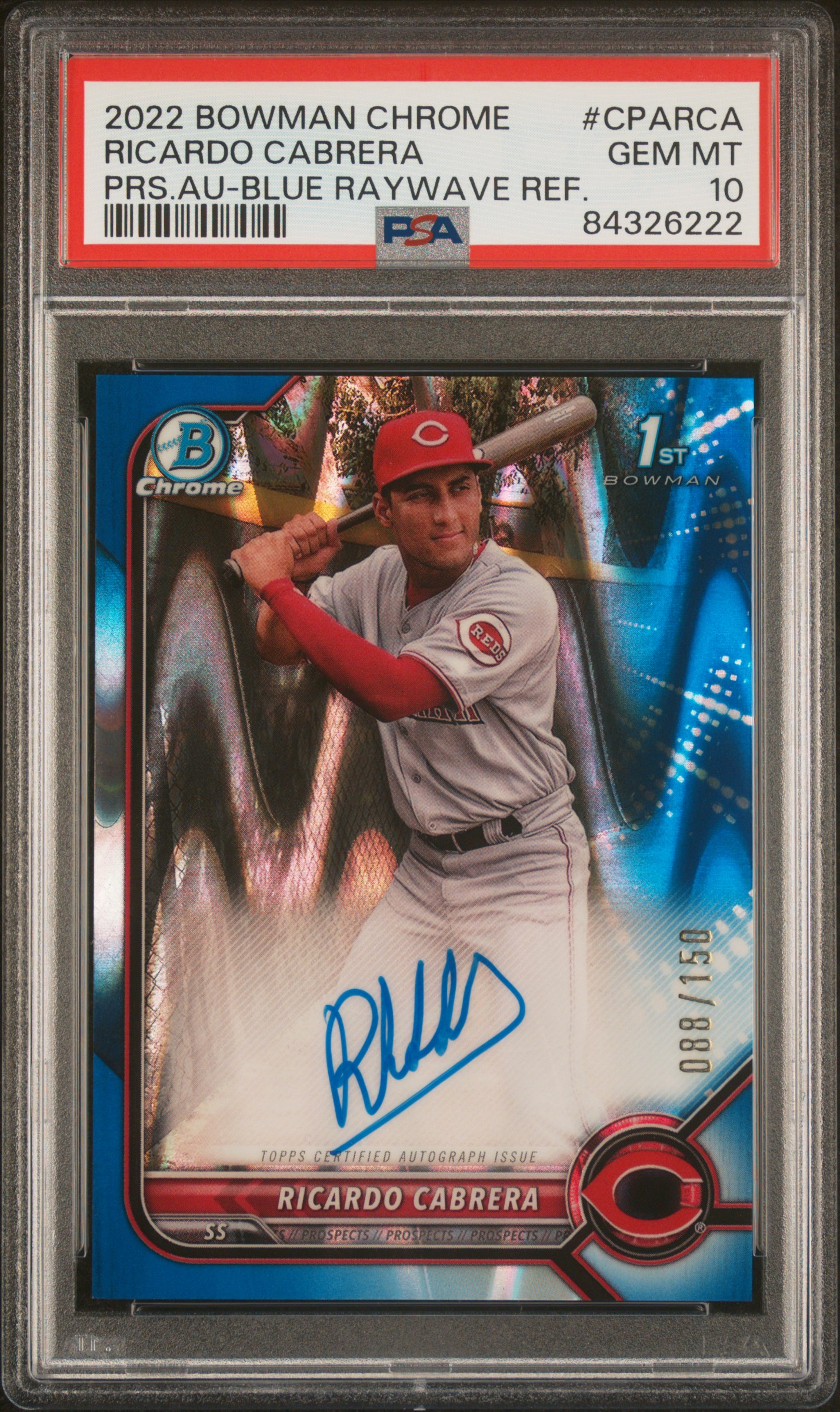 2022 BOWMAN CHROME PROSPECT AUTOGRAPHS #CPARCA RICARDO CABRERA PRS.AU-BLUE RAYWAVE REF.