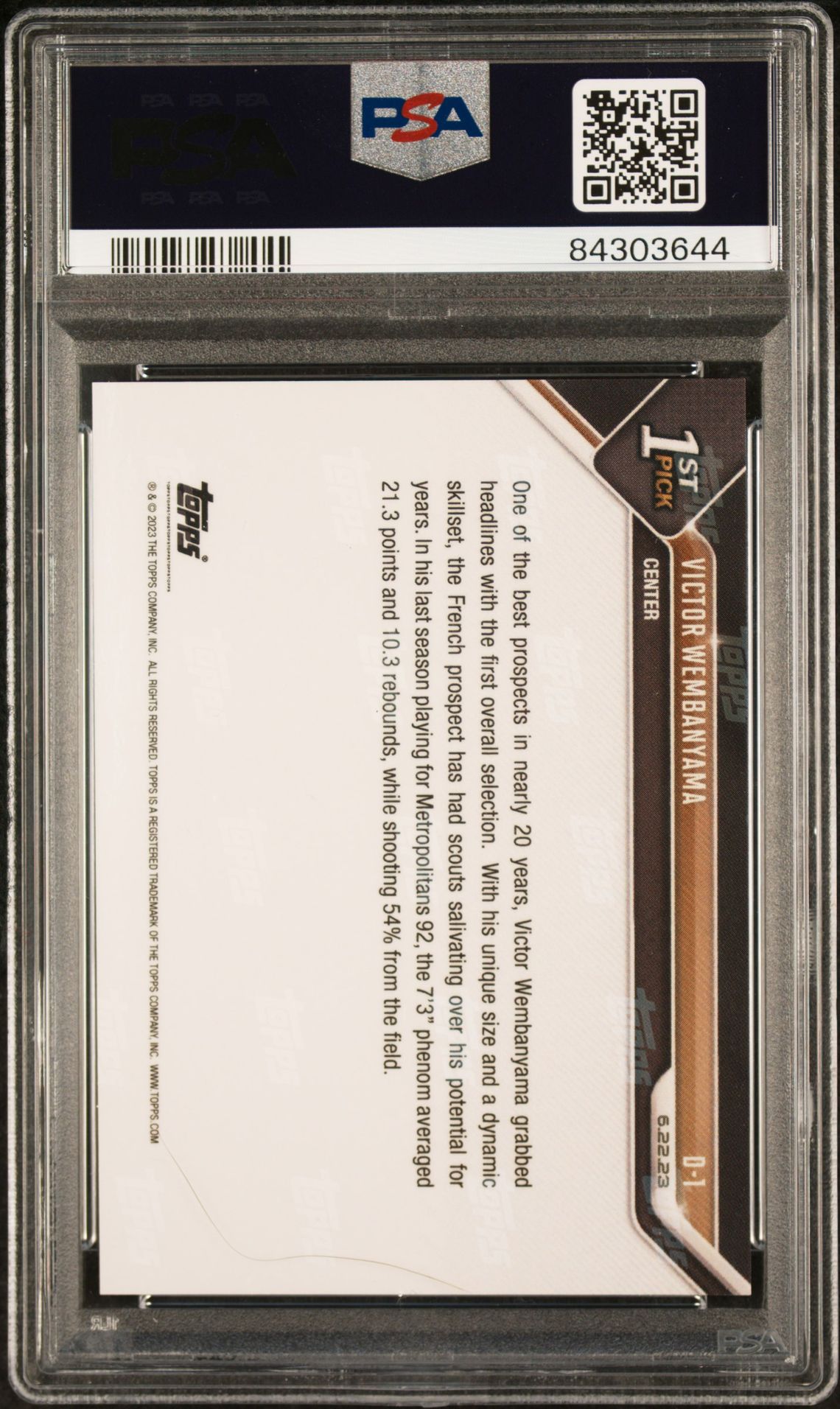 2023 Topps Now Draft Victor Wembanyama #D1 Gem Mt 10 back view - PSA certificate #84303644