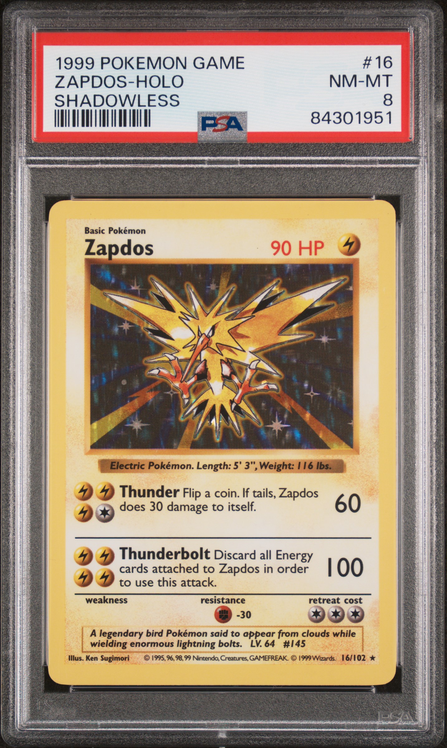 1999 POKEMON GAME #16 ZAPDOS-HOLO SHADOWLESS