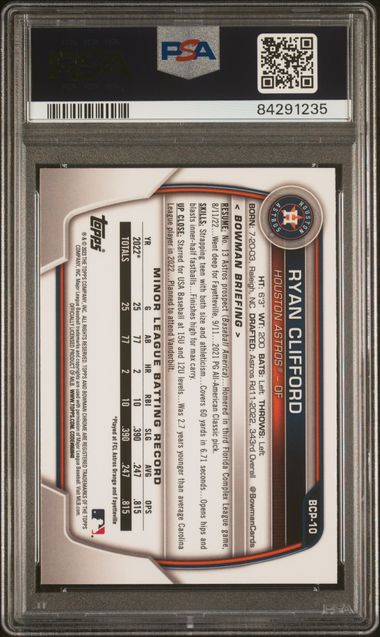 2023 Bowman Sapphire Edition Chrome Prospects Ryan Clifford #Bcp10 (Chrome Prospects) Gem Mt 10 back
