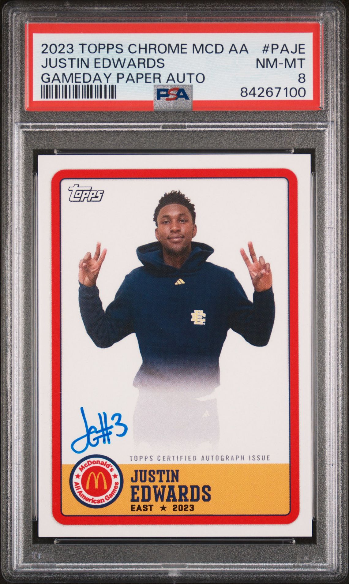 2023 Topps Chrome TOPPS CHROME MCDONALD'S ALL-AMERICAN GAMEDAY PAPER AUTOGRAPHS #PAJE Justin Edwards front