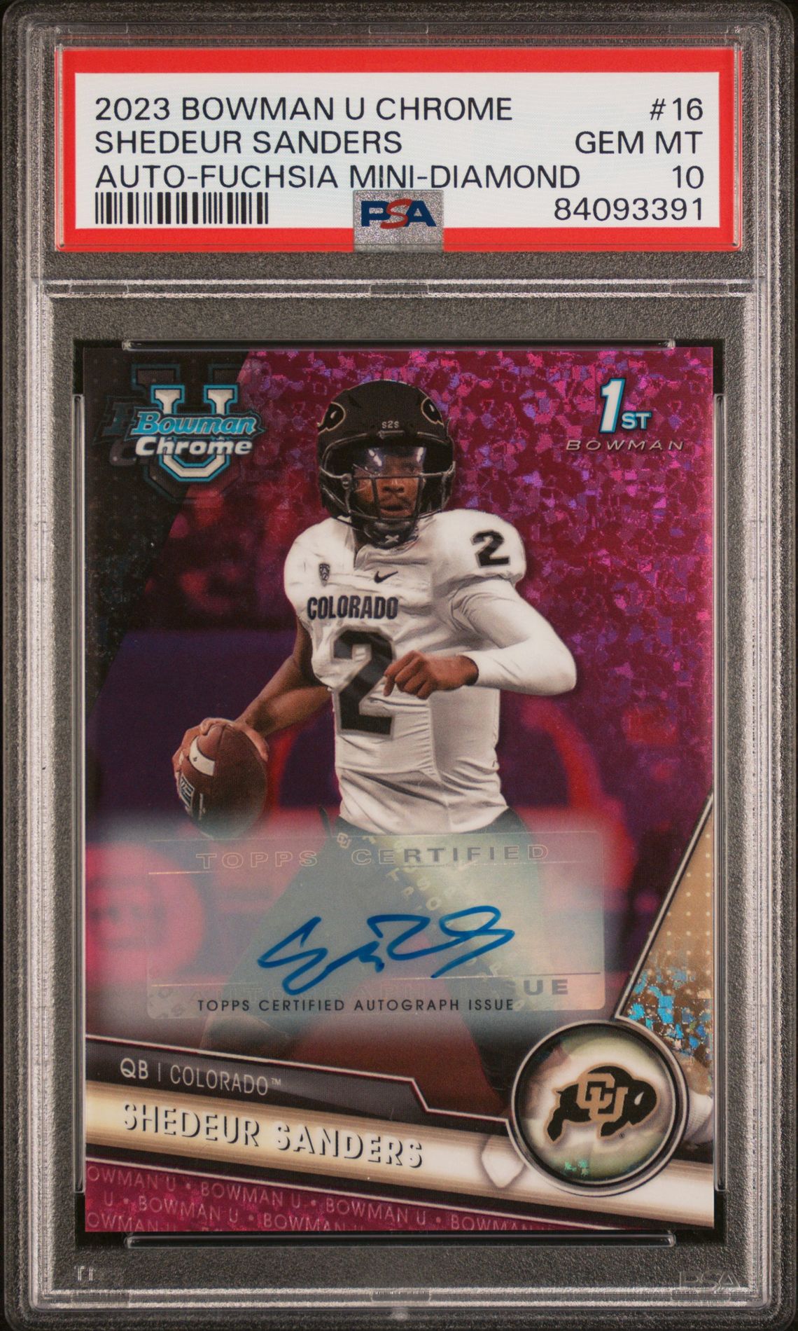 2023 Bowman BOWMAN UNIVERSITY CHROME AU-FUCHSIA MINI DIAMOND REF #16 Shedeur Sanders front