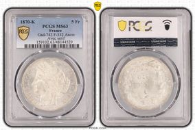 1870-K  5 Fr Gad-742 F-332 Ancre Avec serif MS63