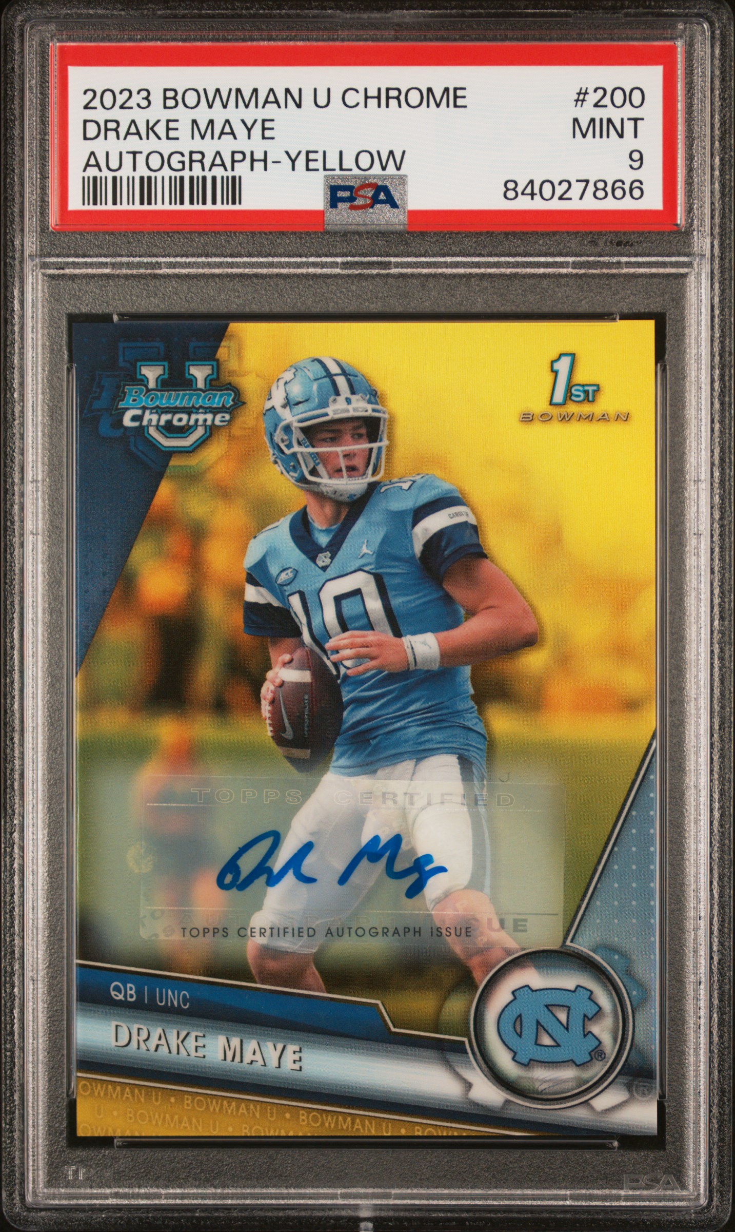 2023 Bowman University Chrome Autograph-Yellow #200 Drake Maye Signed Rookie Card (#30/75) – PSA MINT 9