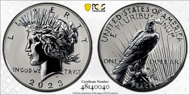 2023-S $1 Peace Dollar Rev PR Two-Coin Reverse Proof Set First Day of Issue PR70