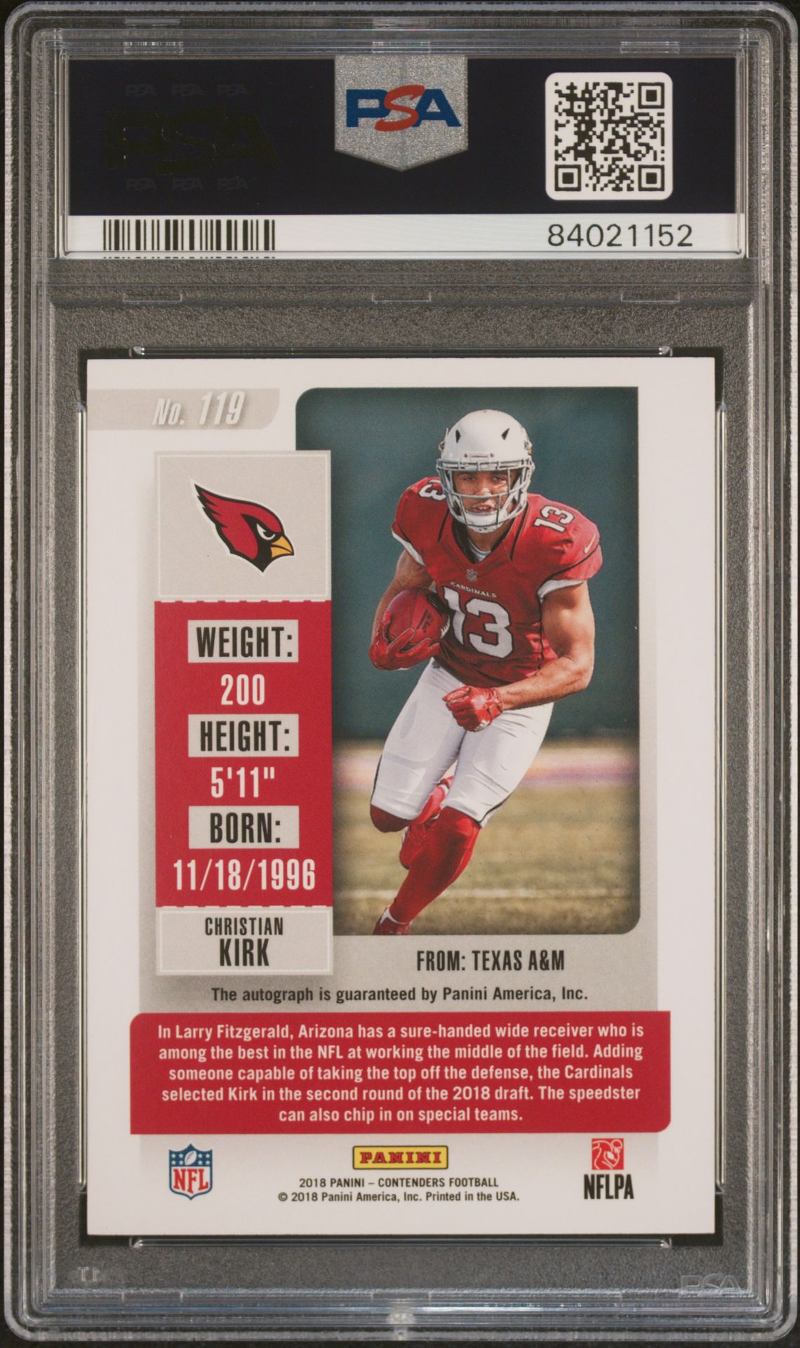 2018 Panini Contenders Christian Kirk #119 (Autograph) Gem Mt 10 back