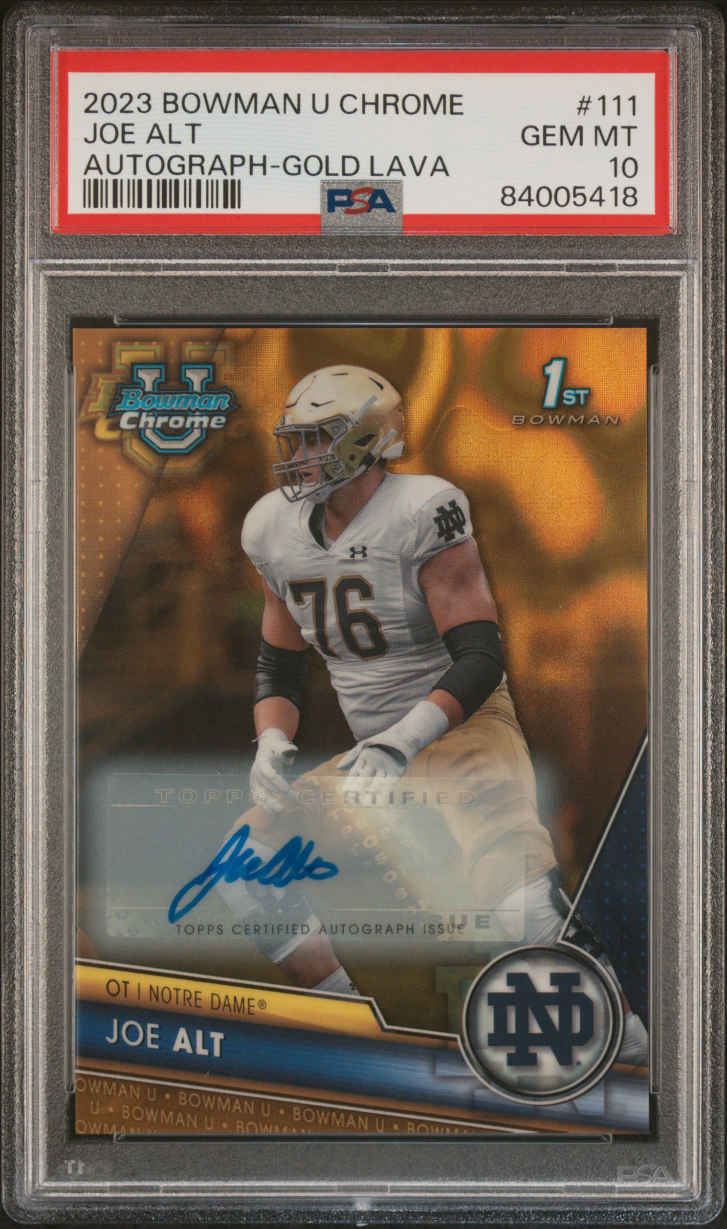 2023 Bowman University Chrome Autograph-Gold Lava #111 Joe Alt Signed Rookie Card (#25/50) – PSA GEM MT 10