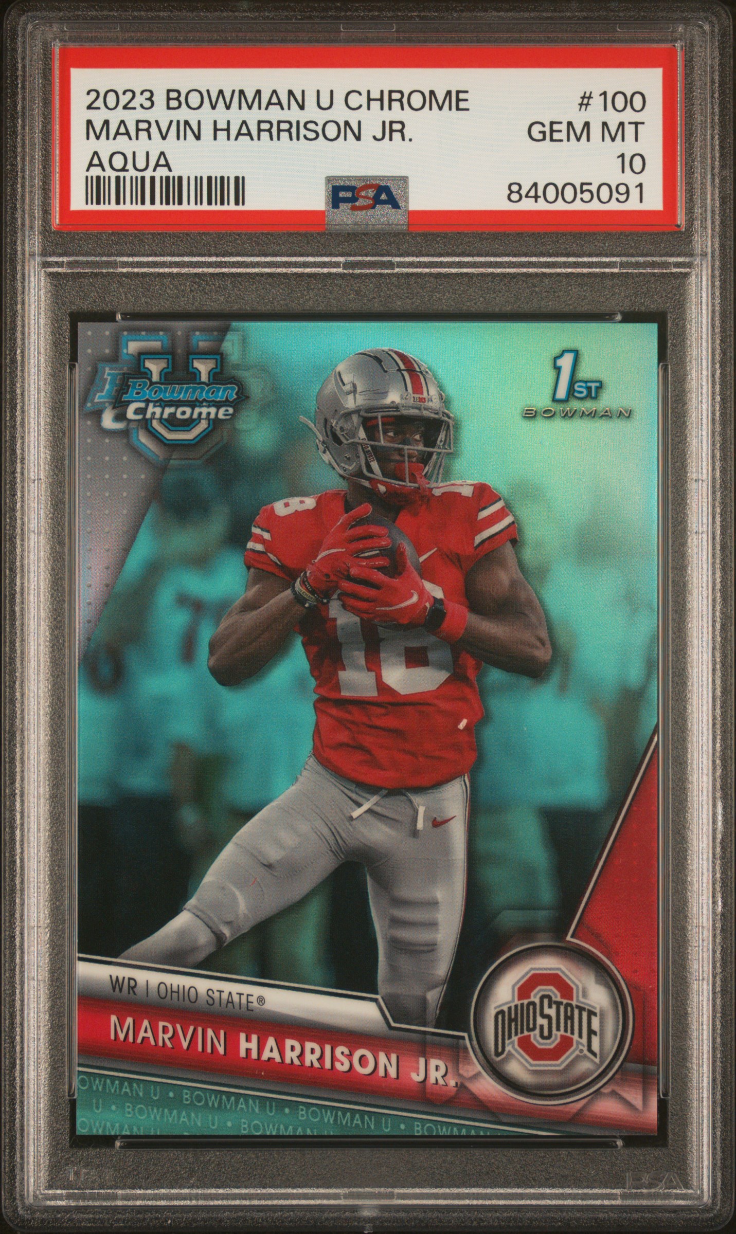 2023 Bowman University Chrome Aqua #100 Marvin Harrison Jr. Rookie Card (#074/299) – PSA GEM MT 10