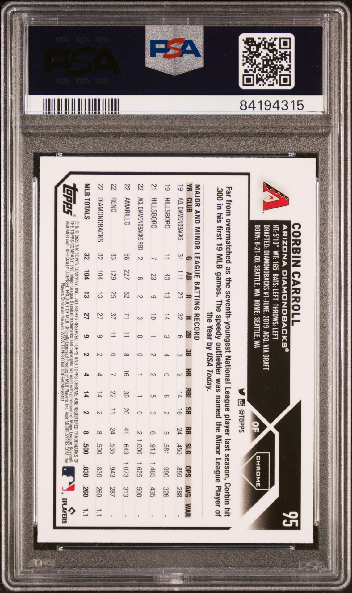 2023 Topps Chrome Corbin Carroll #95 Gem Mt 10 back