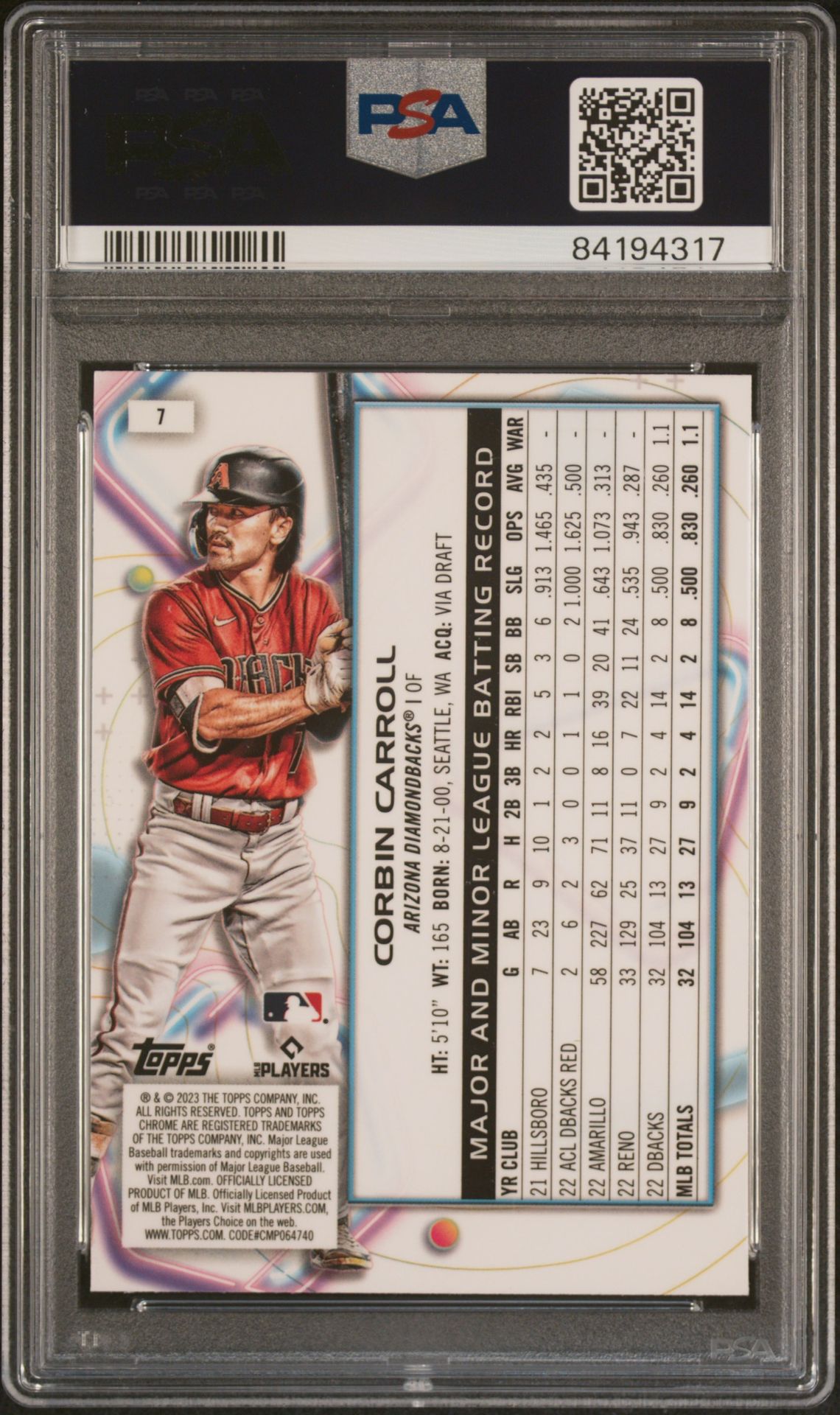 2023 Topps Cosmic Chrome Corbin Carroll #7 Gem Mt 10 back