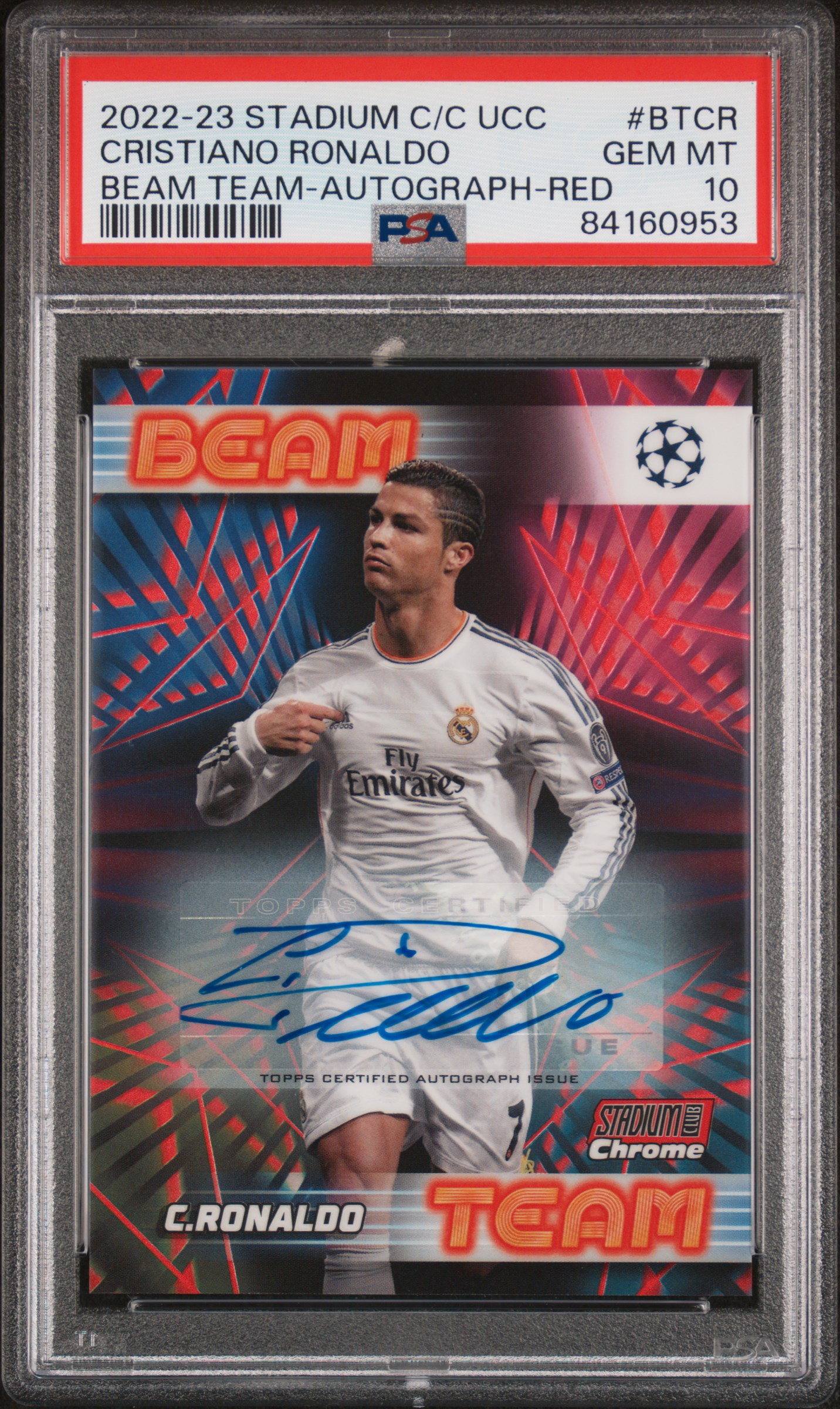 2022-23 TOPPS STADIUM CLUB CHROME UEFA CLUB COMPETITIONS BEAM TEAM #BTCR CRISTIANO RONALDO BEAM TEAM-AUTO-RED REF