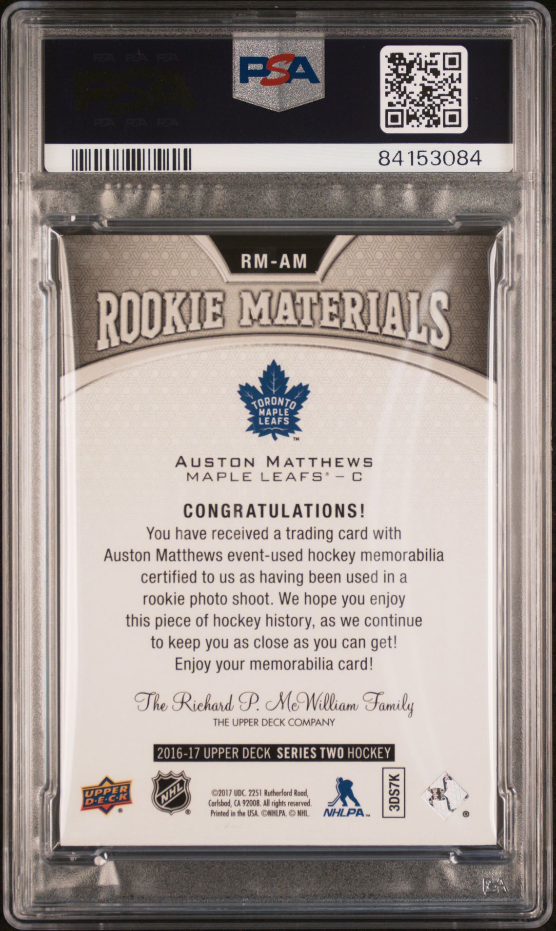 2016 Upper Deck Rookie Materials Auston Matthews #Rmam (Rookie Materials-Patch) Nm-Mt 8 back