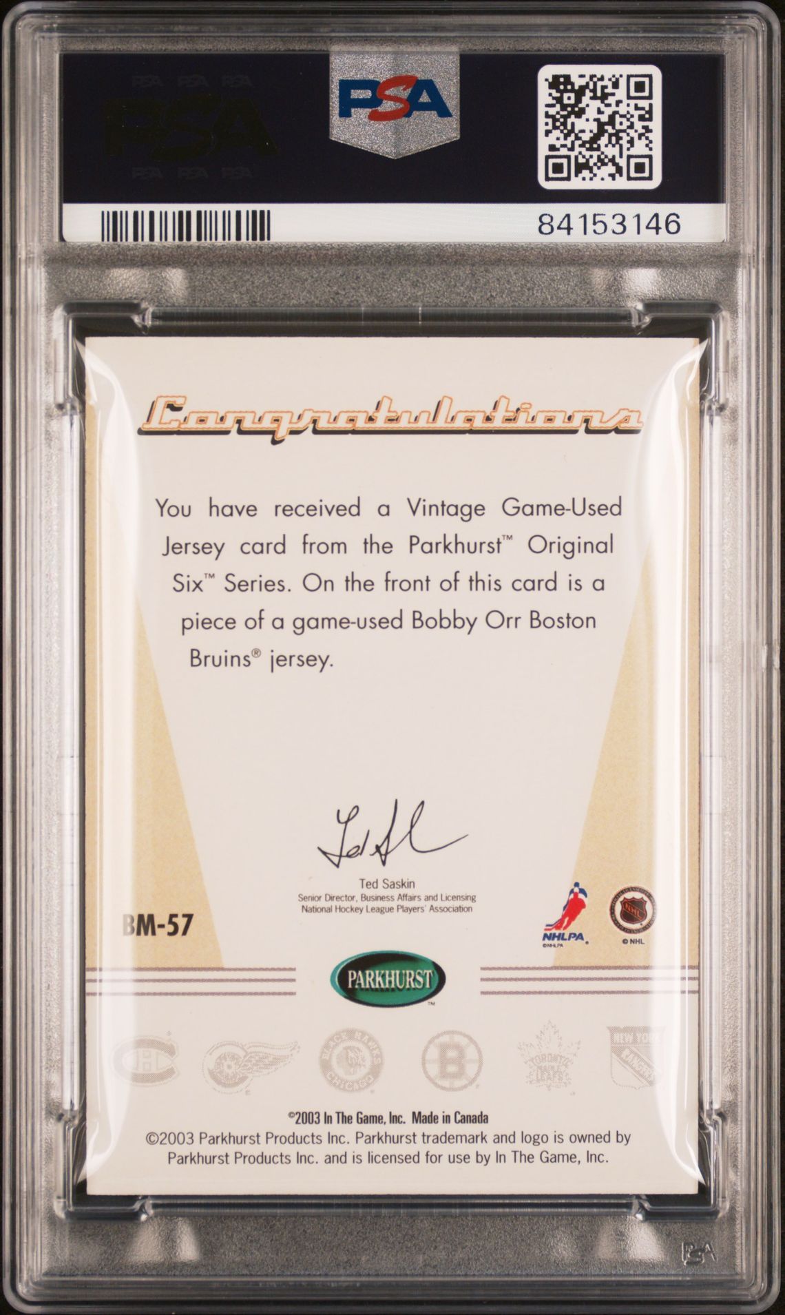2003 Parkhurst Original 6 Boston Memorabilia Bobby Orr #Bm-57 (Boston Memorabilia) Mint 9 back