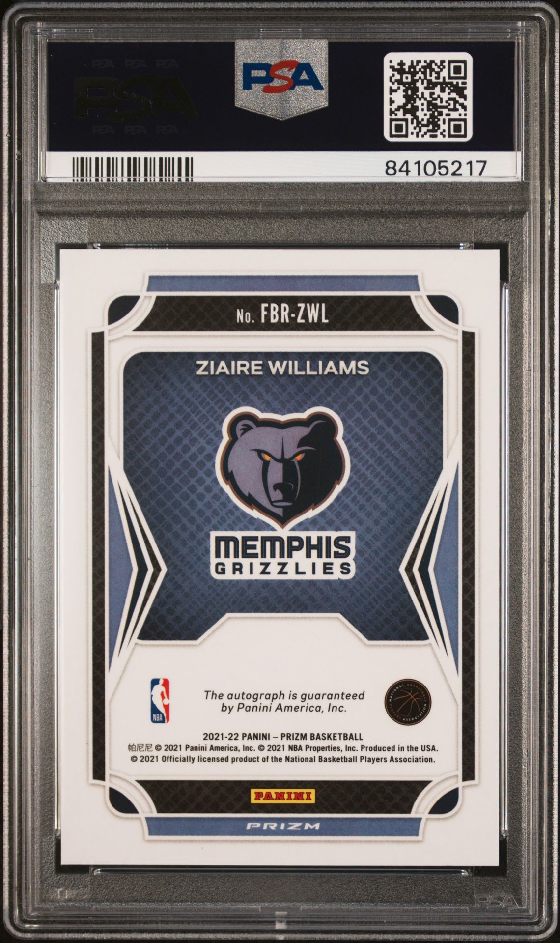 2021 Panini Prizm Fast Break Rookie Autographs Ziaire Williams #Fbrzwl (Fast Break Rookie Auto.) Gem Mt 10 back