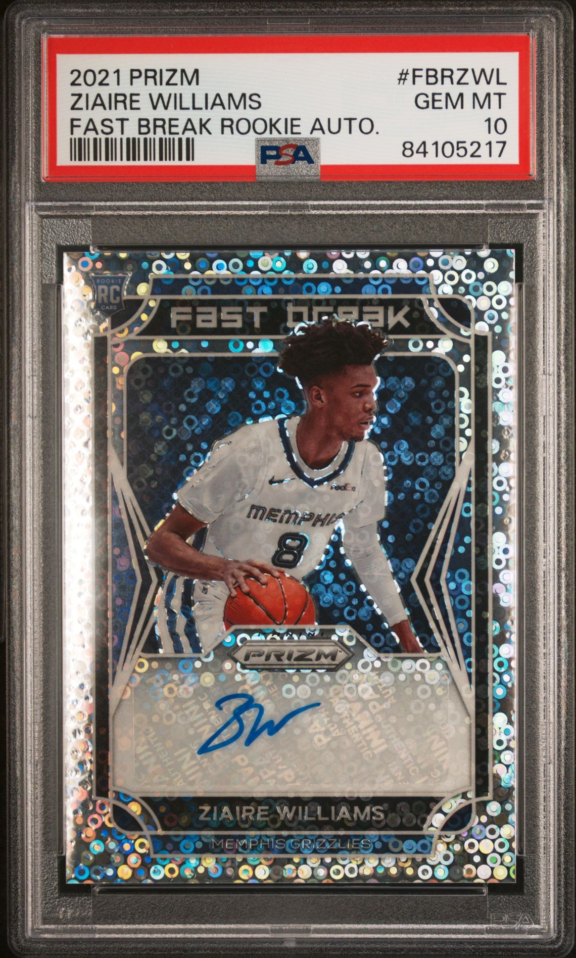 2021 Panini Prizm Fast Break Rookie Autographs Ziaire Williams #Fbrzwl (Fast Break Rookie Auto.) Gem Mt 10 front