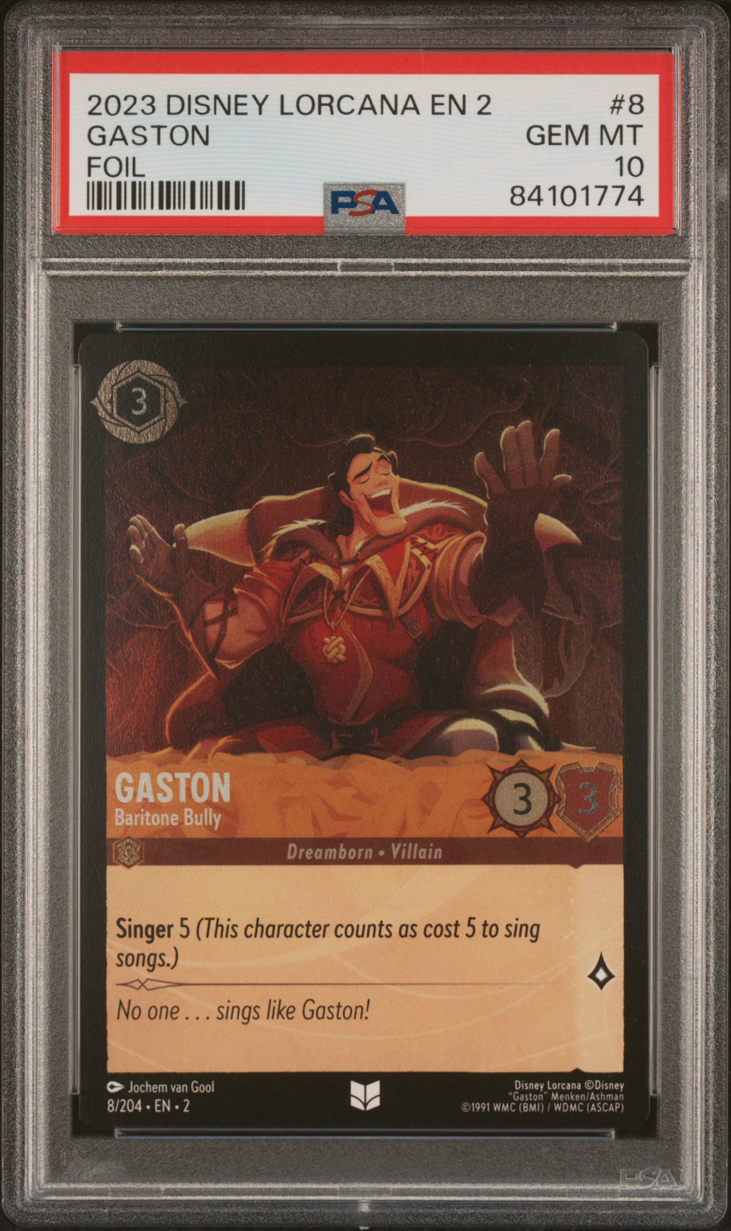 2023 Disney Lorcana En 2-Rise Of The Floodborn Foil #8 Gaston - Baritone Bully – PSA GEM MT 10