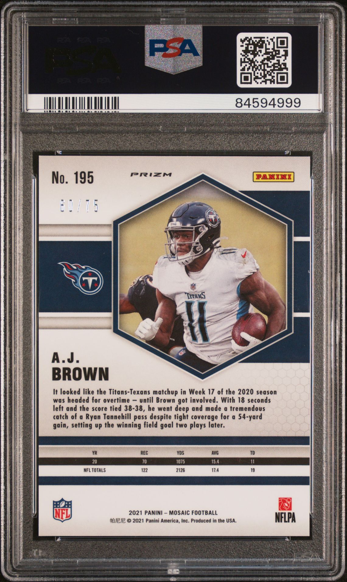2021 Panini Mosaic A.j. Brown #195 (No Huddle Blue) Gem Mt 10 back