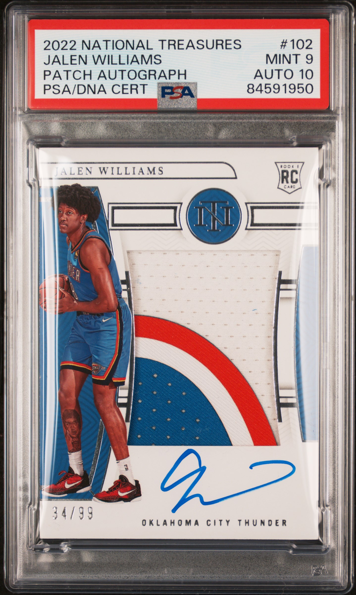 2022-23 Panini National Treasures Patch Autograph #102 Jalen Williams Signed Patch Rookie Card (#34/99) PSA MINT 9, PSA/DNA GEM MT 10