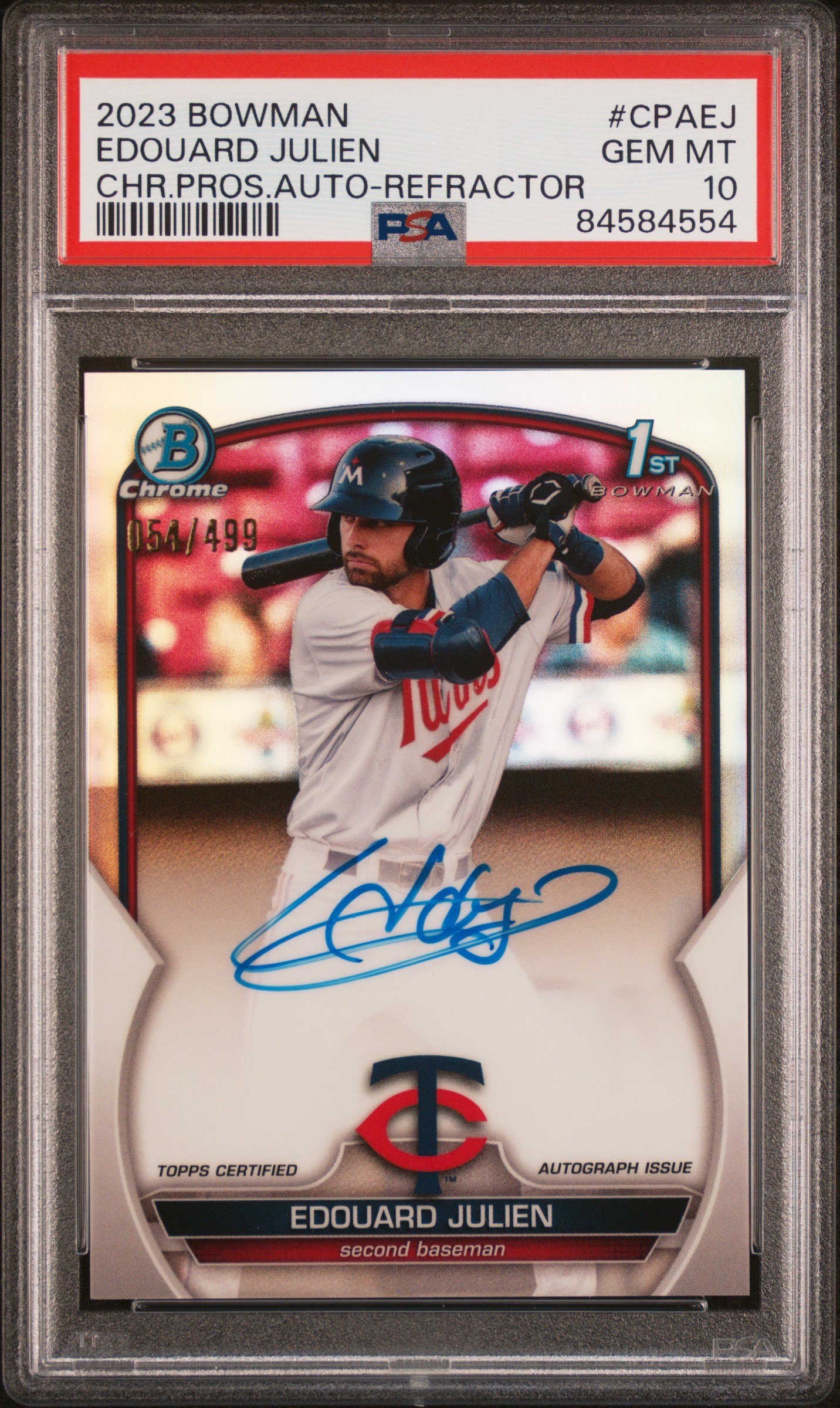 2023 Bowman Chrome Prospect Autographs Refractor Cpaej Edouard Julien Signed (#054/499) – PSA GEM MT 10