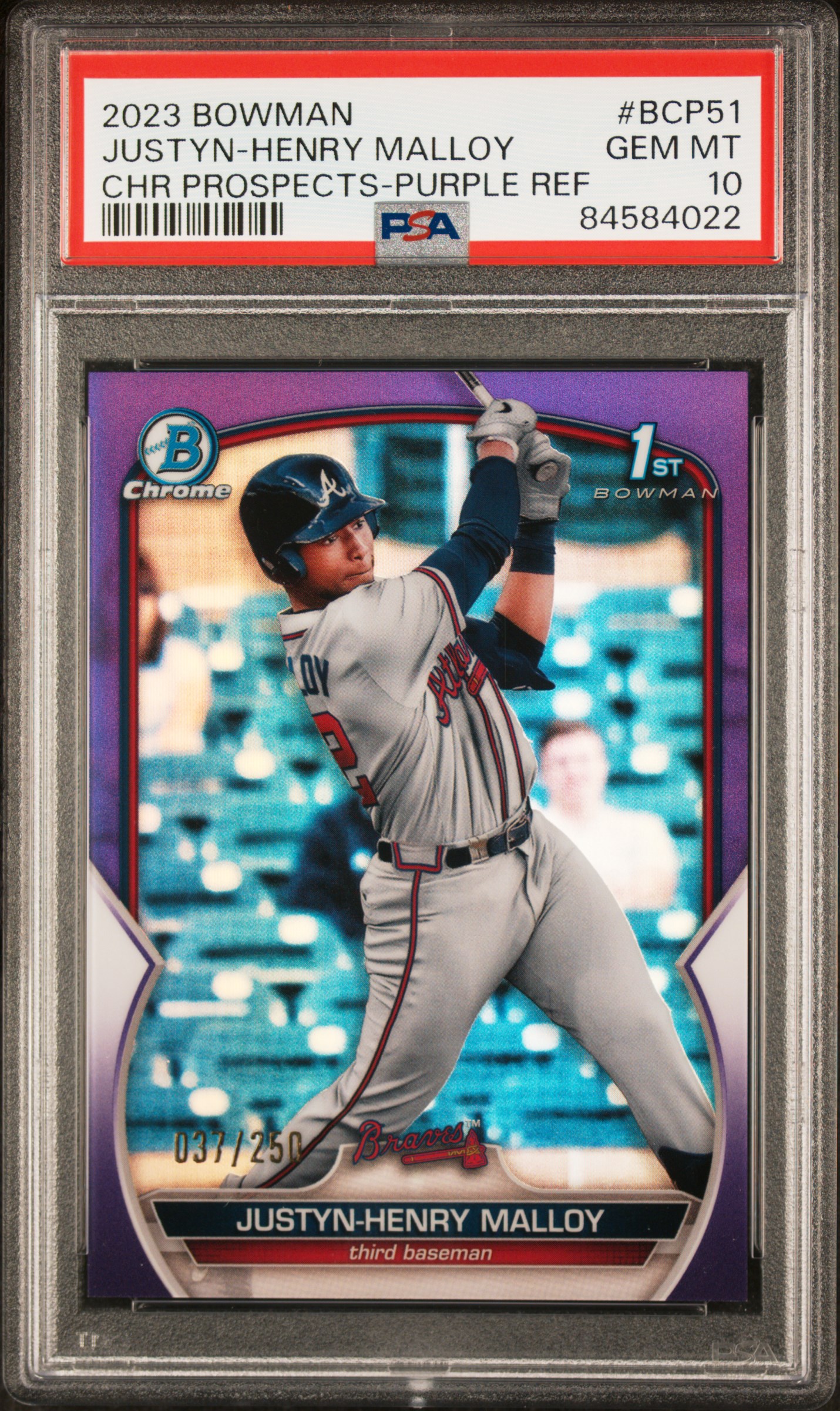 2023 Bowman Chrome Prospects Purple Refractor #BCP51 Justyn-Henry Malloy Rookie Card (#037/250) – PSA GEM MT 10