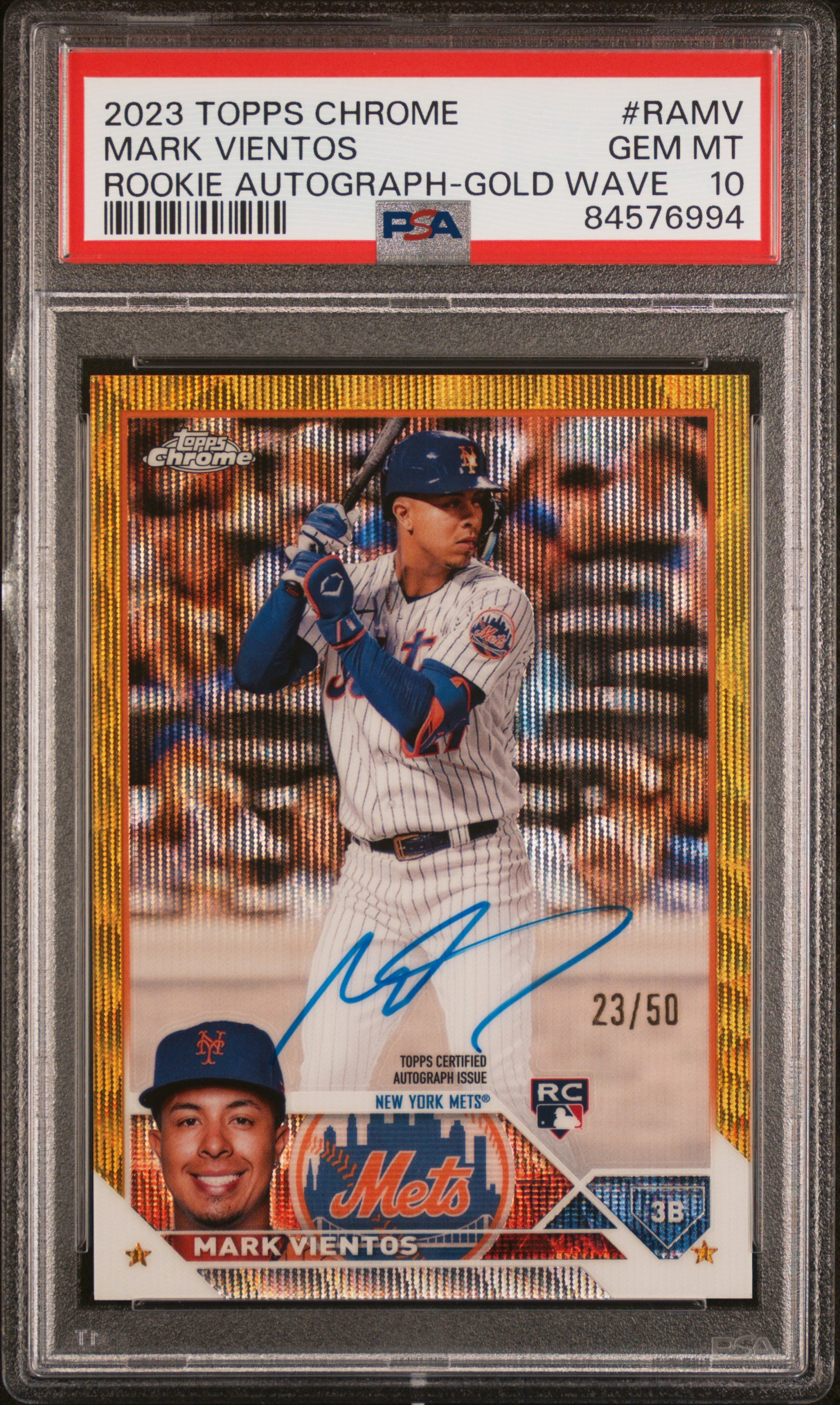 2023 Topps Chrome Rookie Autograph Gold Wave #RA-MV Mark Vientos Signed Rookie Card (#23/50) – PSA GEM MT 10