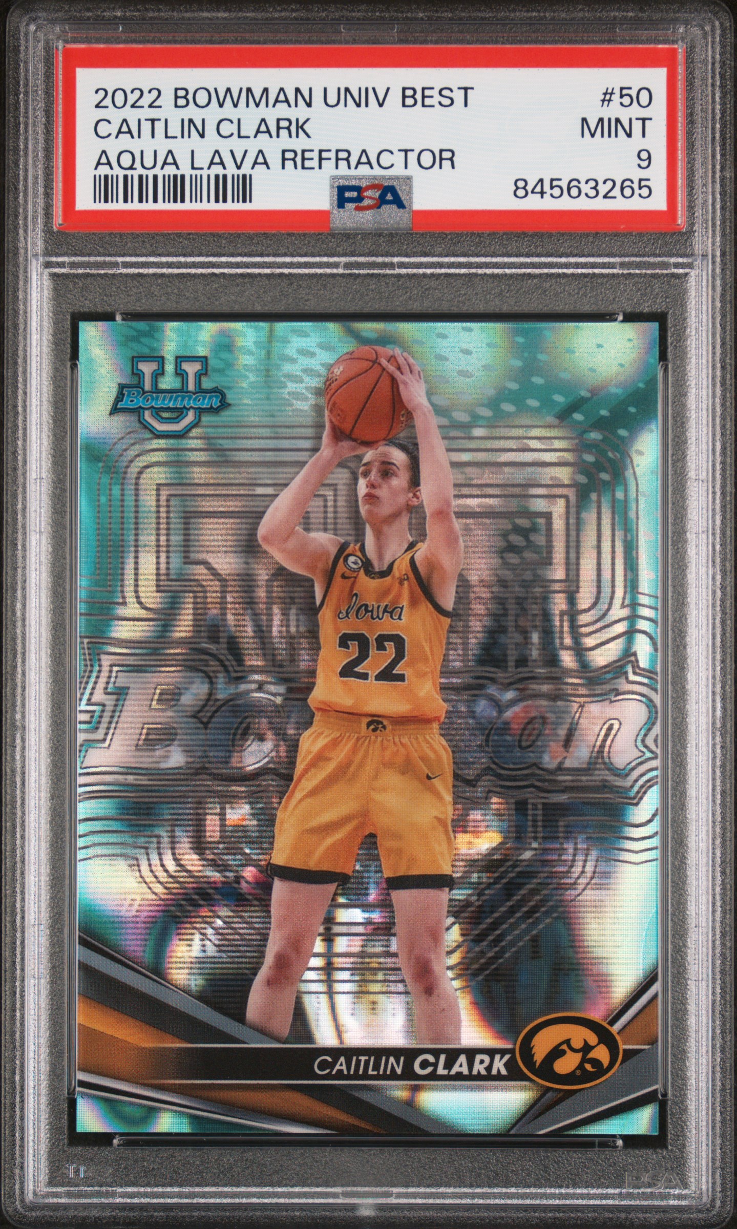 2022 BOWMAN UNIVERSITY BEST #50 CAITLIN CLARK AQUA LAVA REFRACTOR