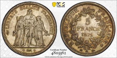 1871-A 5 Fr Gad-745 F-334 Abeille MS65