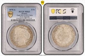 1870-A 5 Fr Gad-743 F-333 Cérès Avec légende MS63