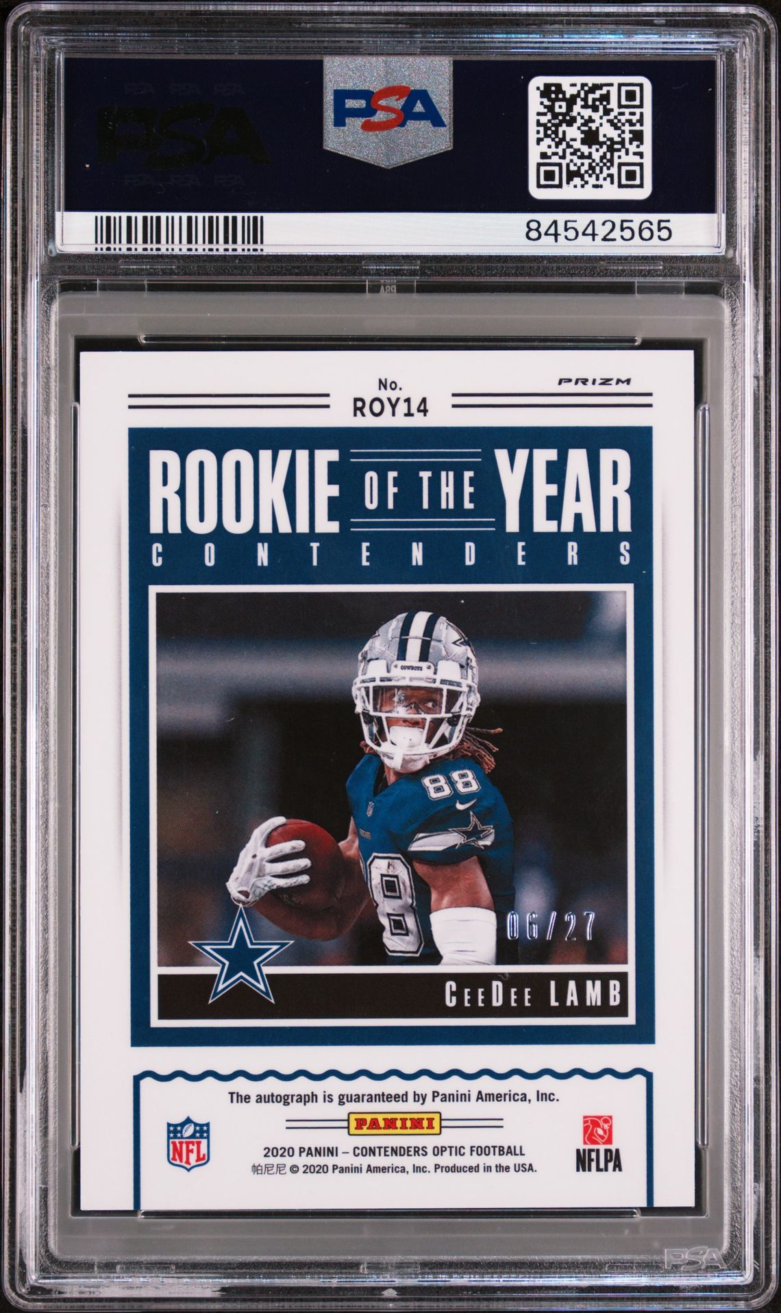 2020 Panini Contenders Optic Rookie Of The Year Contenders Autographs Ceedee Lamb #Roy14 (Roy Cont.au-Green Pulsar) Gem Mt 10 back view - PSA certificate #84542565