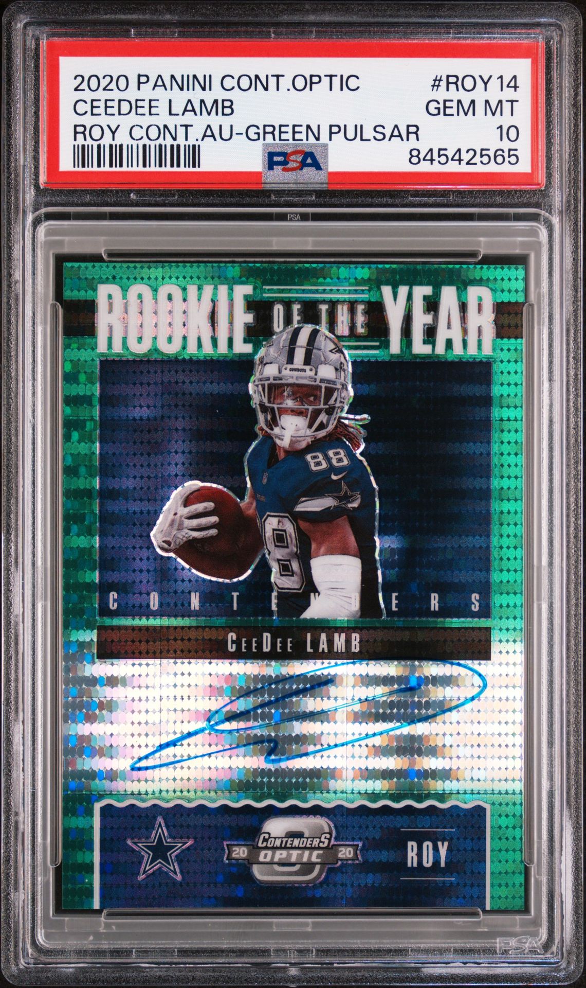2020 Panini Contenders Optic Rookie Of The Year Contenders Autographs Ceedee Lamb #Roy14 (Roy Cont.au-Green Pulsar) Gem Mt 10 front view - PSA graded GEM MT 10