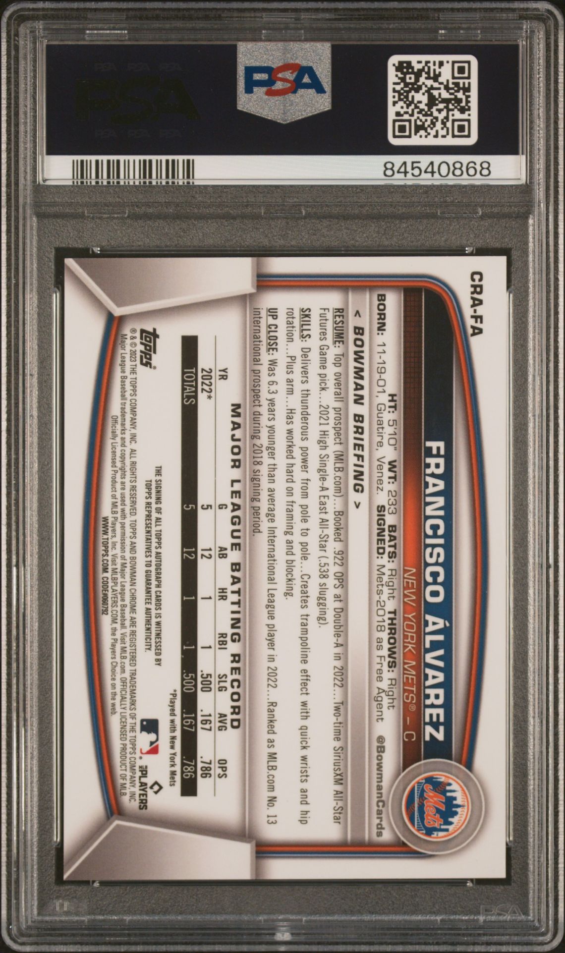 2023 Bowman Chrome Rookie Autographs Francisco Alvarez #Crafa (Chrome Rookie Au-Gold Ref) Gem Mt 10 back