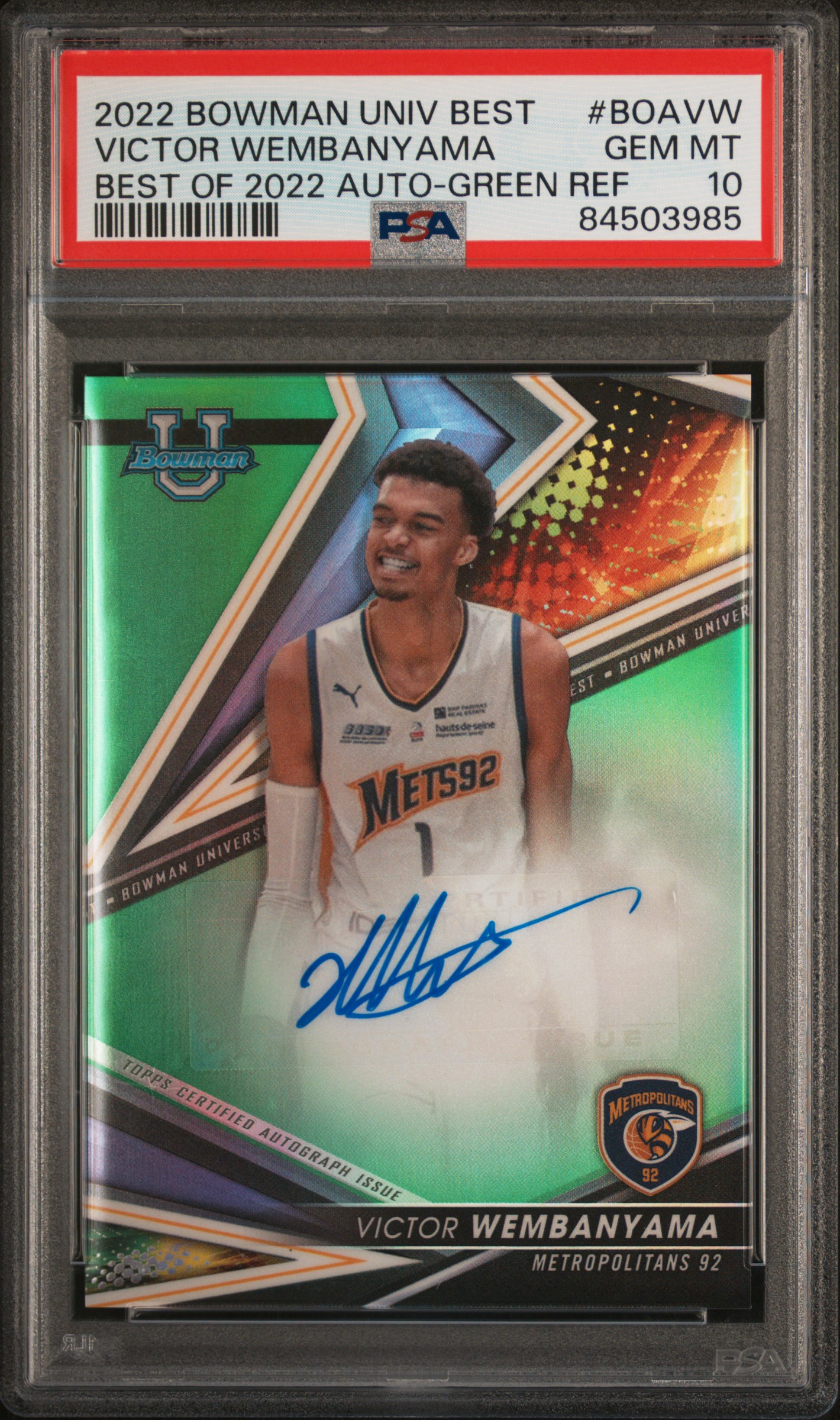 2022 BOWMAN UNIVERSITY BEST BEST OF 2022 AUTOGRAPH #BOAVW VICTOR WEMBANYAMA BEST OF 2022 AUTO-GREEN REF