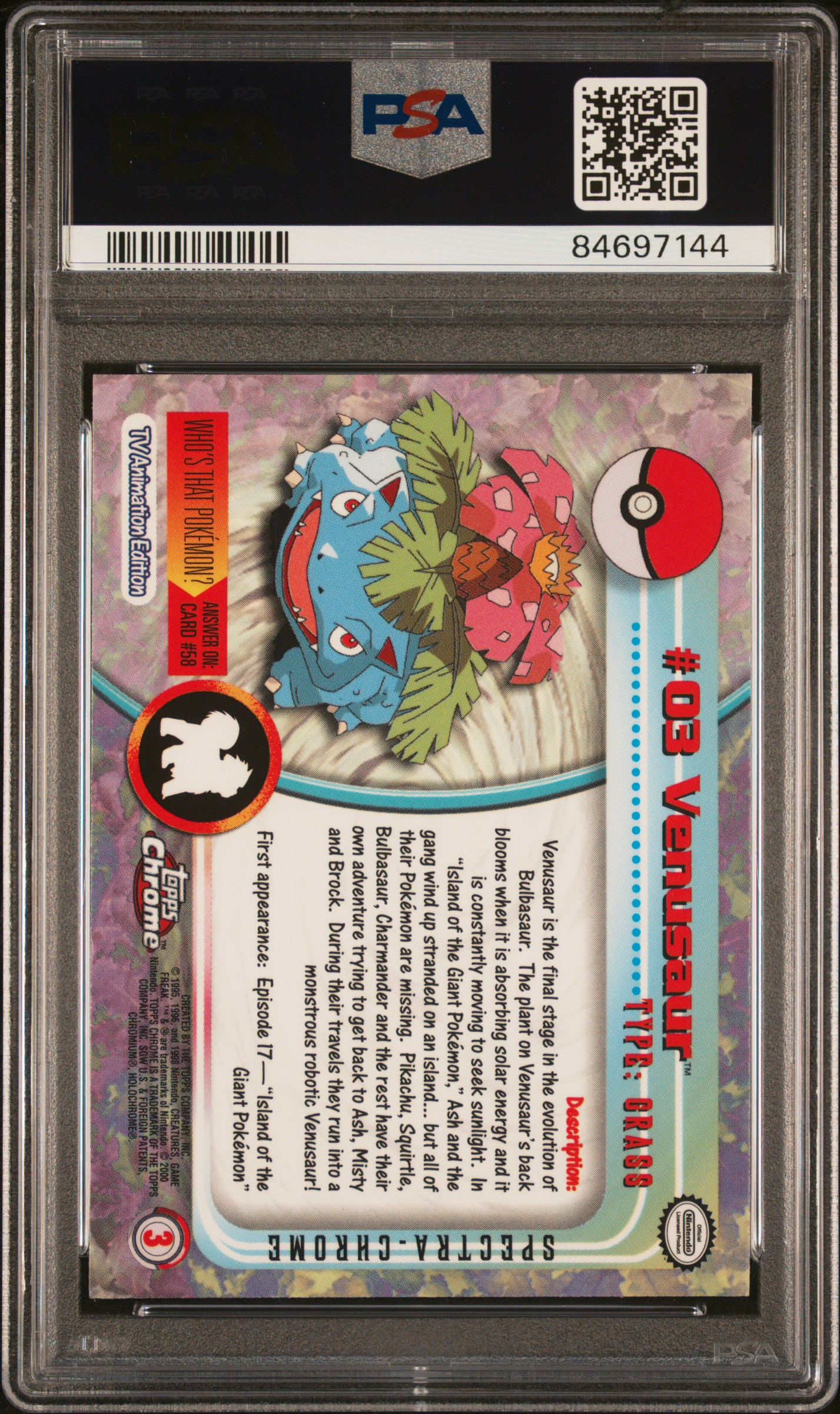 2000 Topps Chrome Pokemon T.v. Venusaur #3 (Pokemon T.v.-Spectra) Mint 9 back