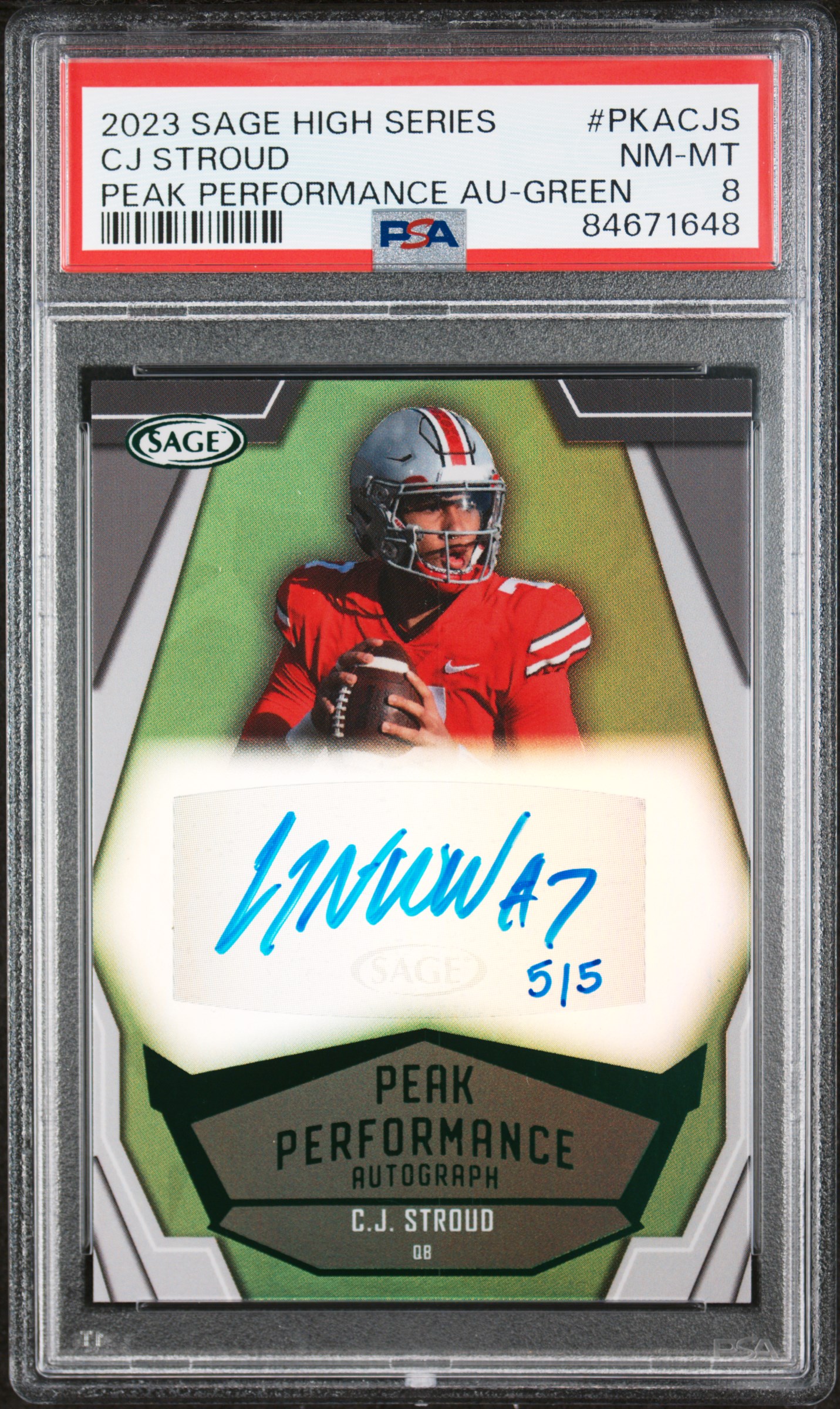 2023 SAGE HIGH SERIES PEAK PERFORMANCE AUTOGRAPHS #PKACJS CJ STROUD PEAK PERFORMANCE AU-GREEN