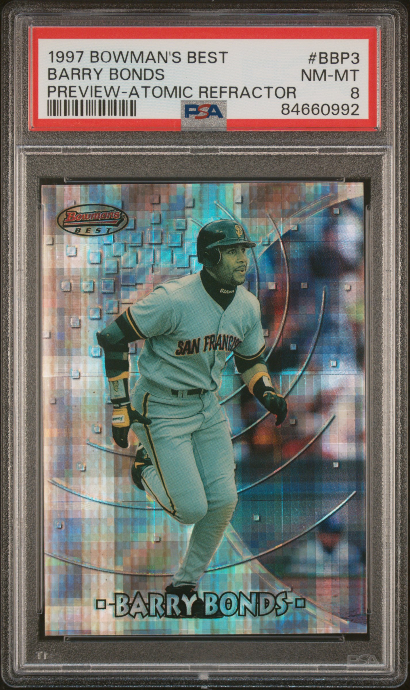 1997 BOWMAN'S BEST PREVIEW #BBP3 BARRY BONDS PREVIEW-ATOMIC REFRACTOR