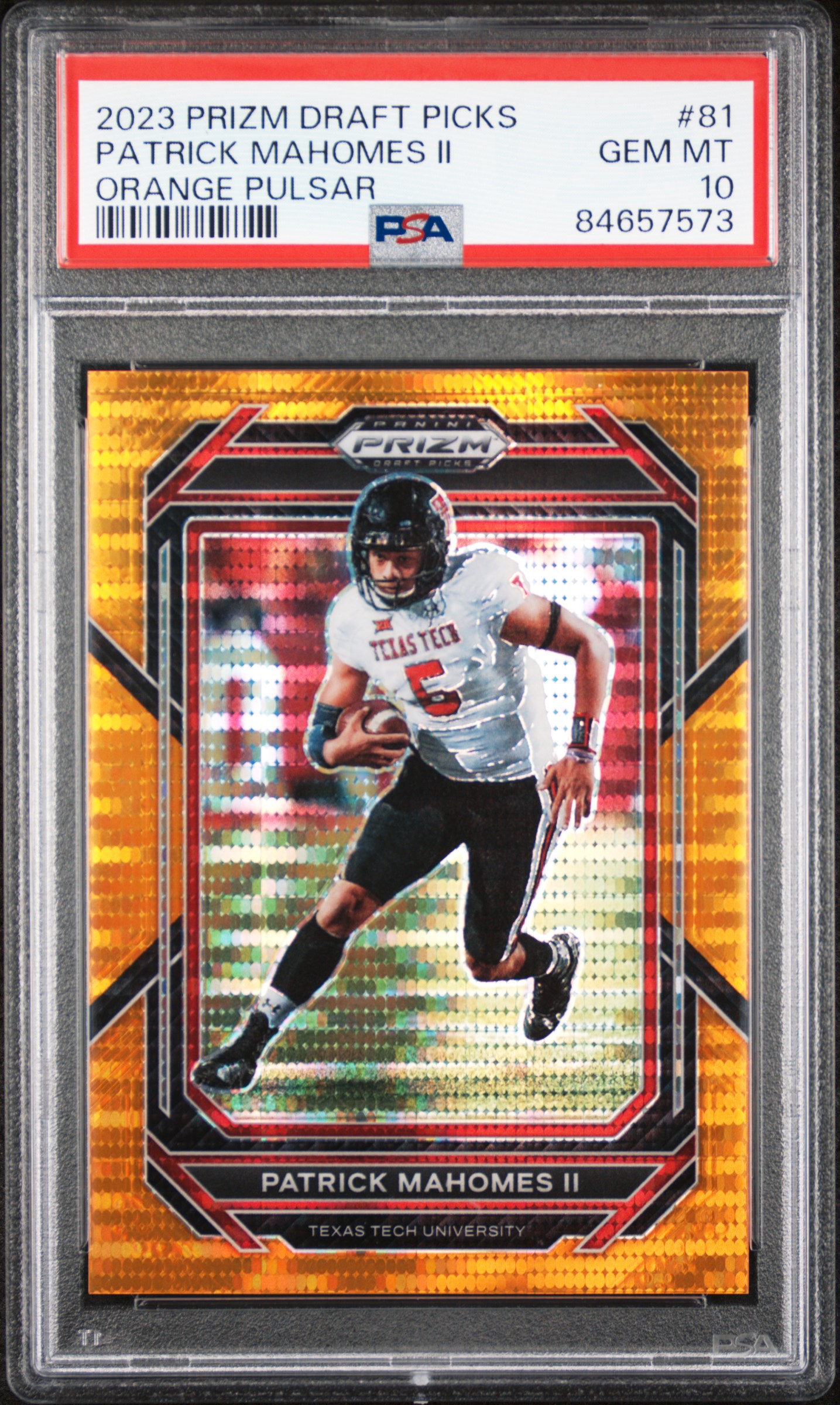 2023 Panini Prizm Draft Picks Orange Pulsar #81 Patrick Mahomes II (#49/49) – PSA GEM MT 10