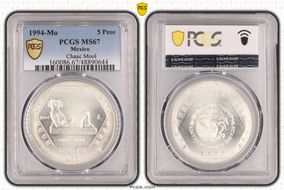1994-Mo 5 Peso Chaac Mool KM-574  Ag MS67