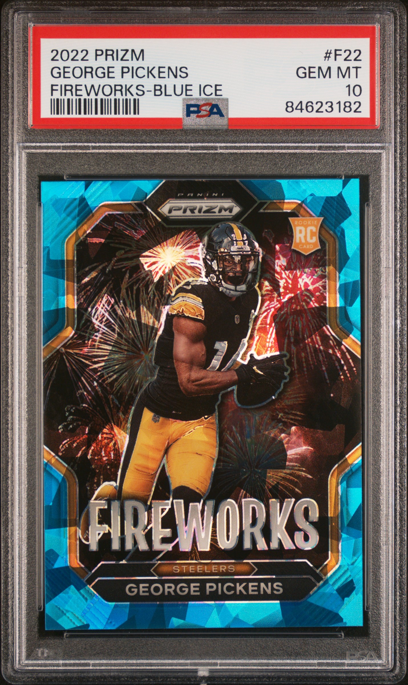 2022 Panini Prizm Fireworks Blue Ice #F22 George Pickens Rookie Card (#99/99) – PSA GEM MT 10