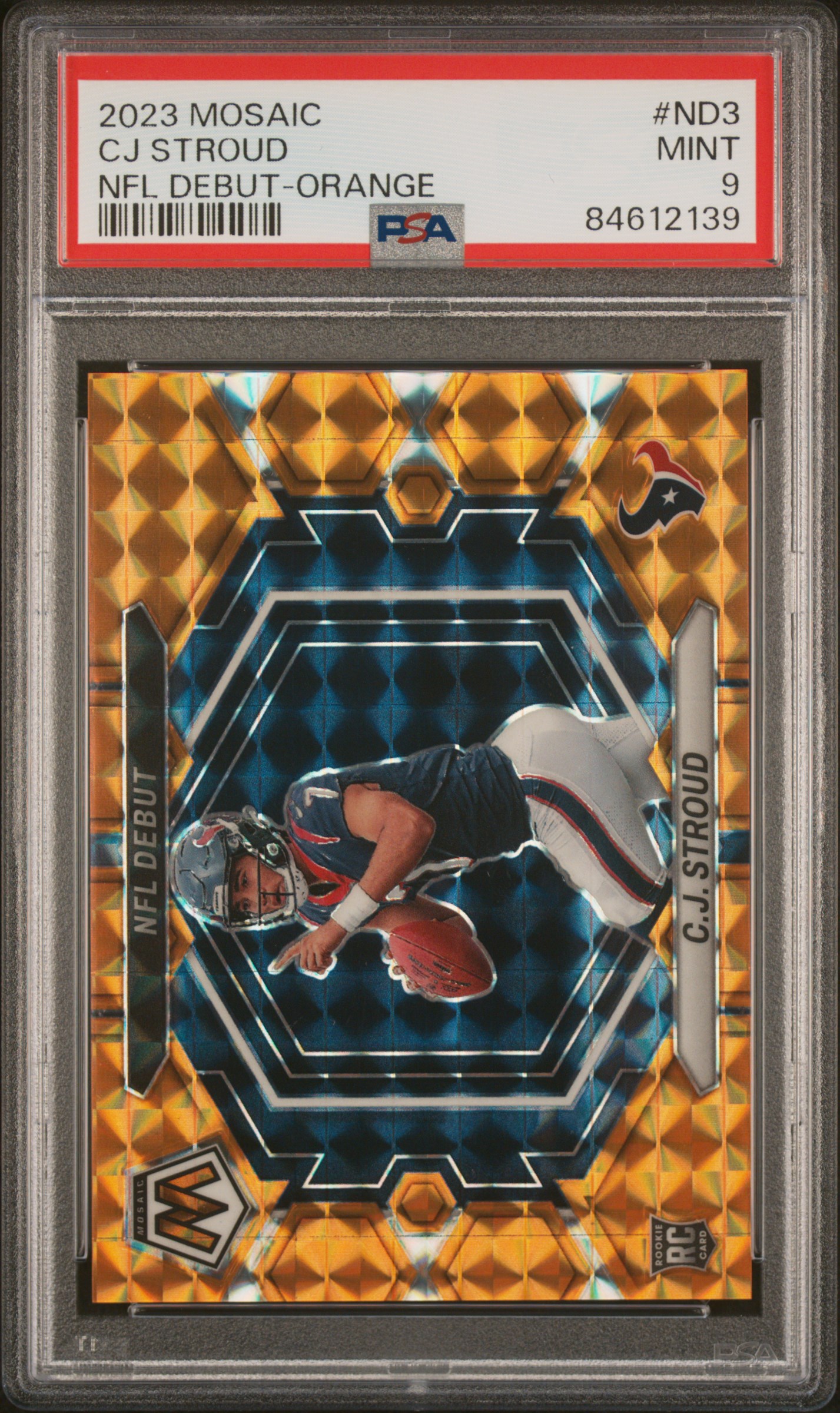 2023 Panini Mosaic NFL Debut Orange #ND3 C.J. Stroud Rookie Card (#051/199) – PSA MINT 9