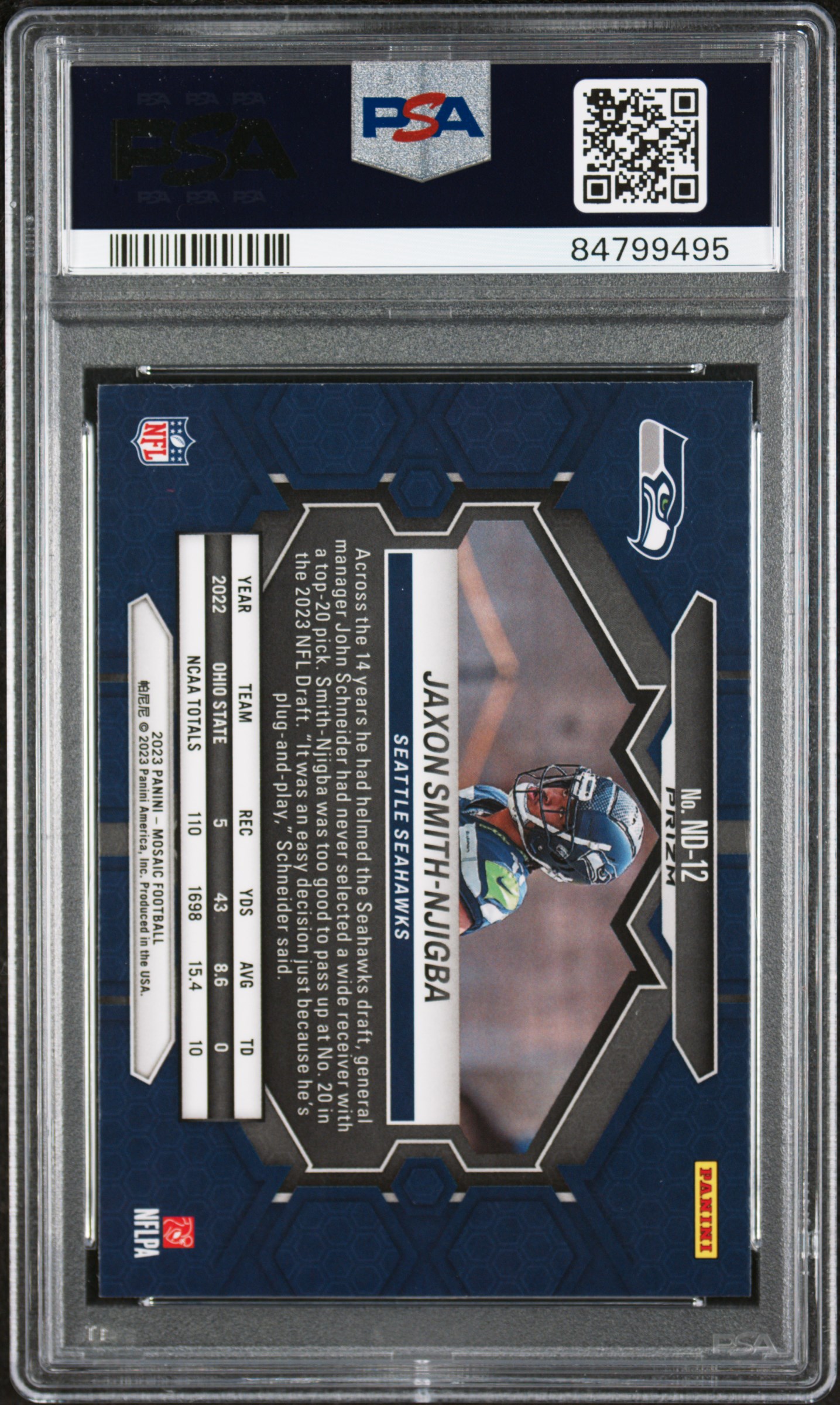 2023 Panini Mosaic Nfl Debut Jaxon Smith-Njigba #Nd12 (Nfl Debut-Reactive Blue) Gem Mt 10 back