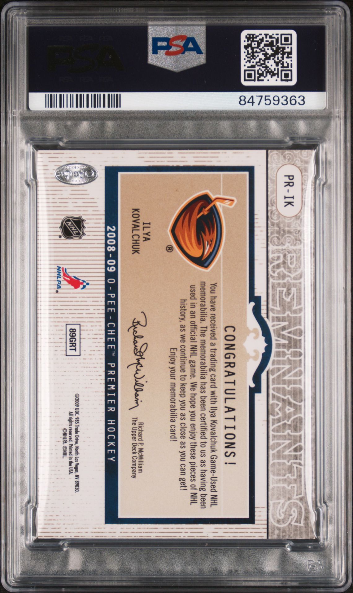 2008 O-Pee-Chee Premier Remnants Quad Ilya Kovalchuk #Pr-Ik (Remnants Quad-Gold) Nm 7 back