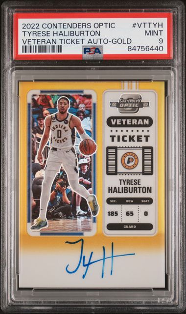 2022-23 Panini Contenders Optic Veteran Ticket Autographs Gold #VT-TYH Tyrese  Haliburton Signed Card (#09/10) – PSA MINT 9 - Pop 1 on Goldin Auctions