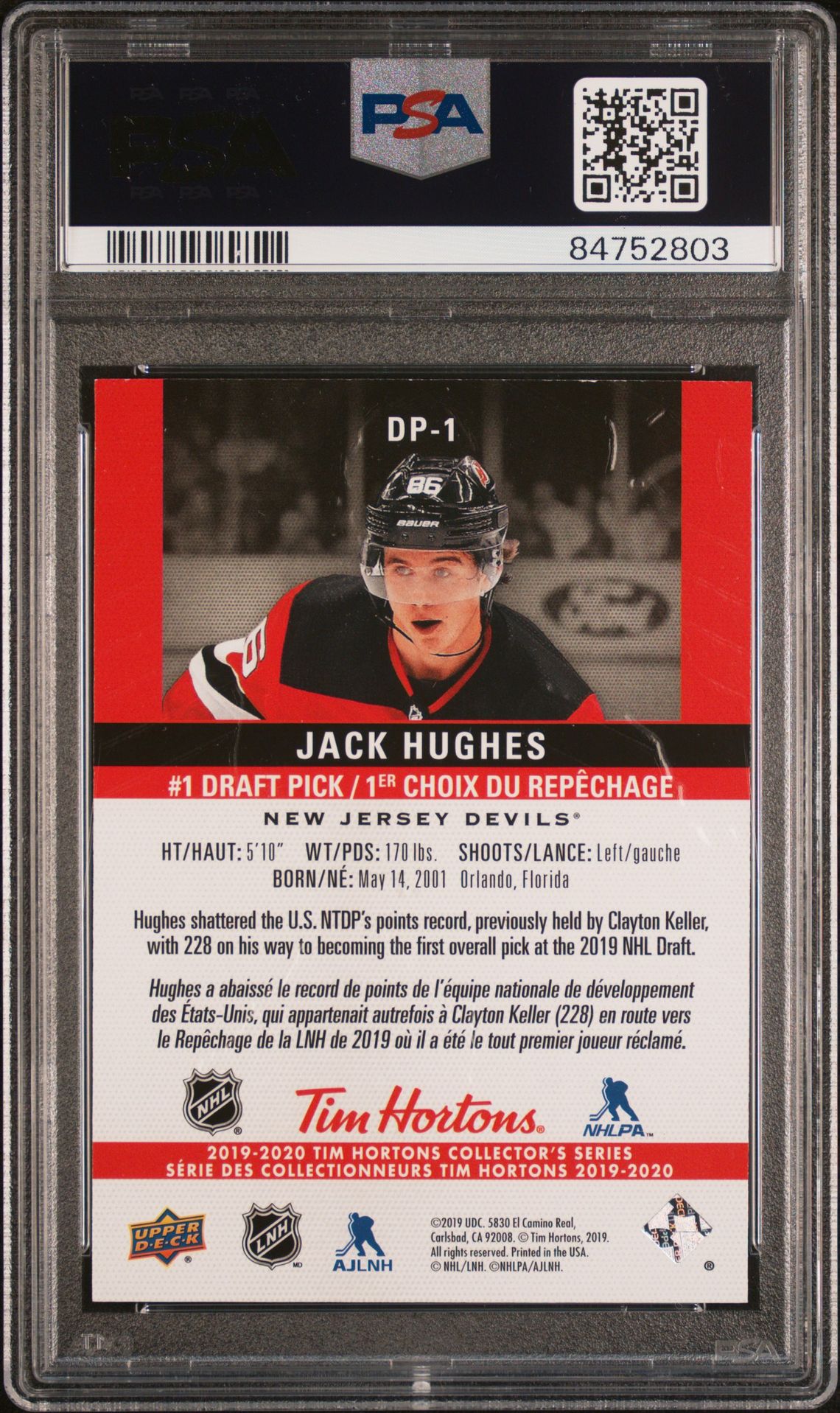 2019 Upper Deck Tim Hortons #1 Draft Pick Redemption Jack Hughes #Dp-1 (#1 Draft Pick Redemption) Mint 9 back