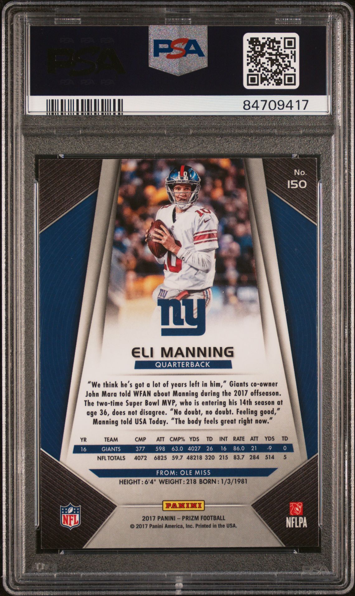 2017 Panini Prizm Eli Manning #150 Mint 9 back