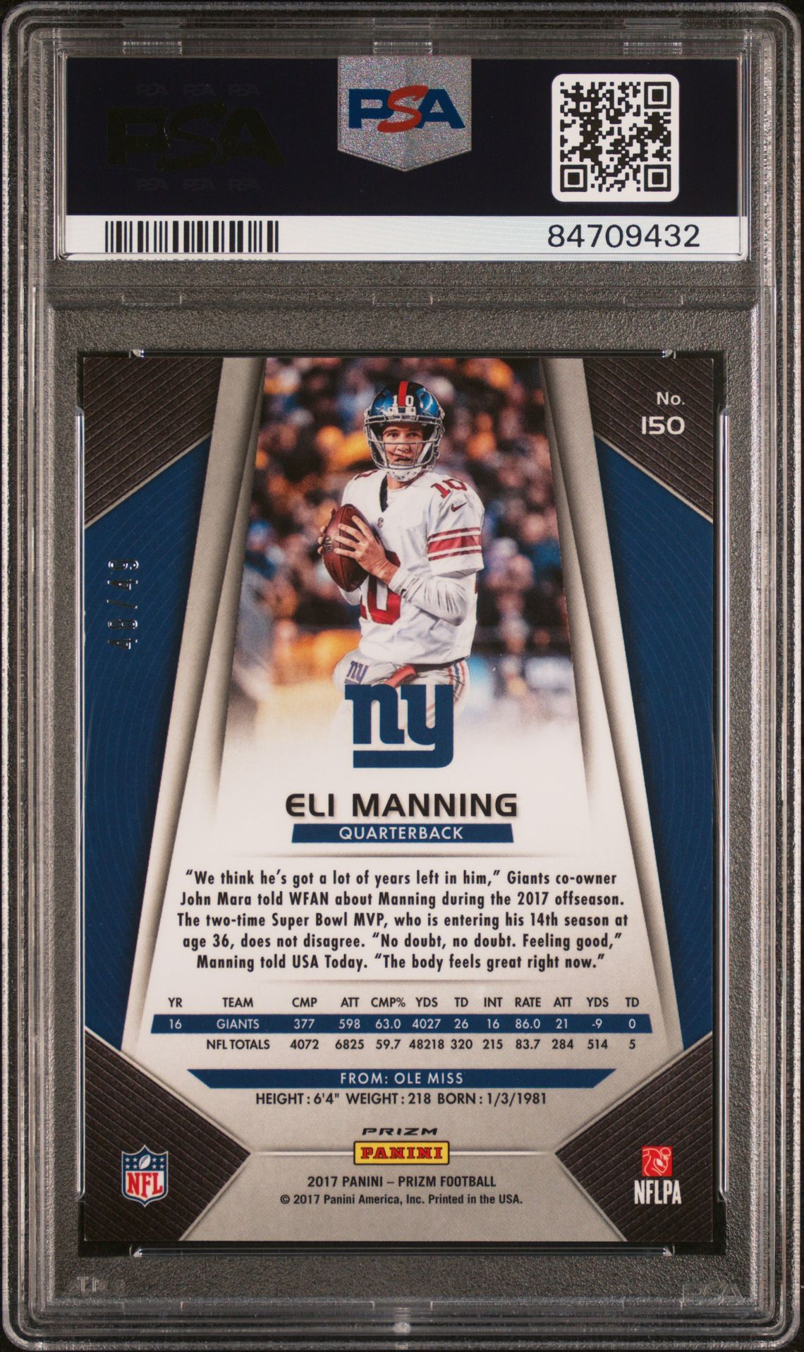 2017 Panini Prizm Eli Manning #150 (Red Power) Nm-Mt 8 back