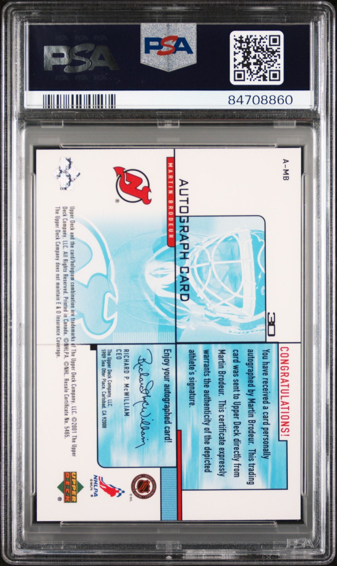 2000 Upper Deck E-Card Prizes Martin Brodeur #A-Mb (Autograph) Gem Mt 10 back