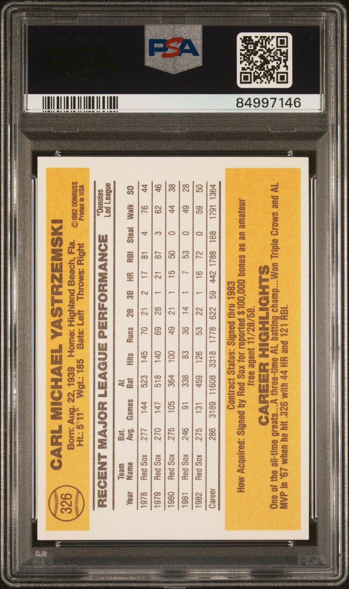 1983 Donruss Carl Yastrzemski #326 Nm-Mt+ 8.5 back