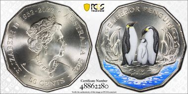 2023 50C Emperor Penguin Colorized Antarctic Territory MS69