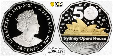 2023 50C Sydney Opera House 50th Ann. Ag Partial Gilt PR69DCAM