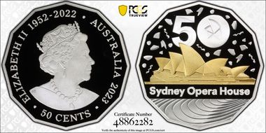 2023 50C Sydney Opera House 50th Ann. Ag Partial Gilt PR69DCAM